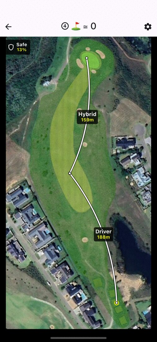 The SR Caddie planning a hole: driver 188 metres, then hybrid 159 to the flag, drawn on the satellite view