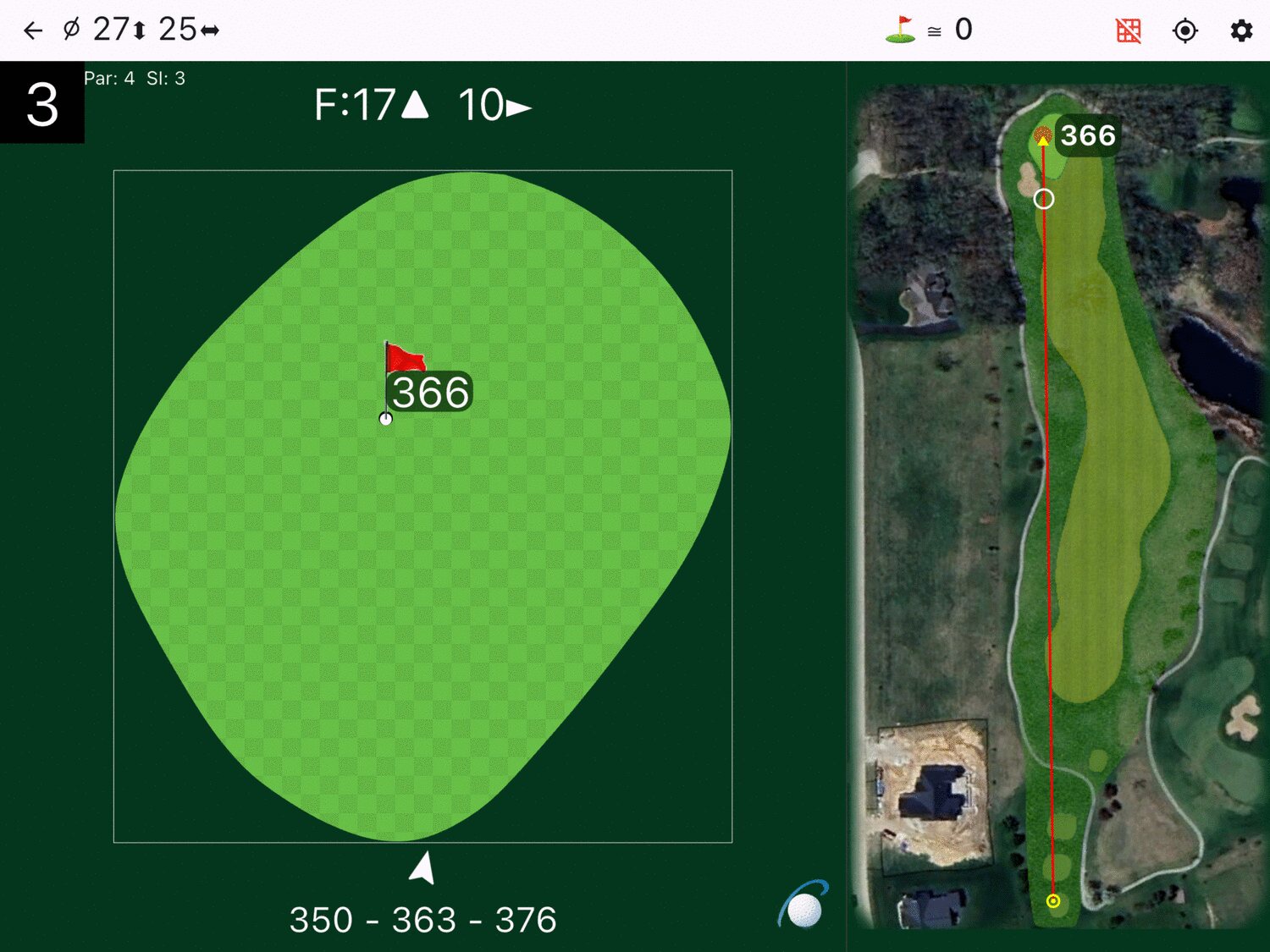The PinSheet cart dashboard in landscape: the green large on the left, the full hole overview on the right