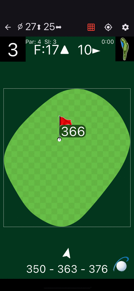 The PinSheet green view for hole 3: the green in its true shape with the flag where it was cut and 350, 363, 376 to front, middle and back