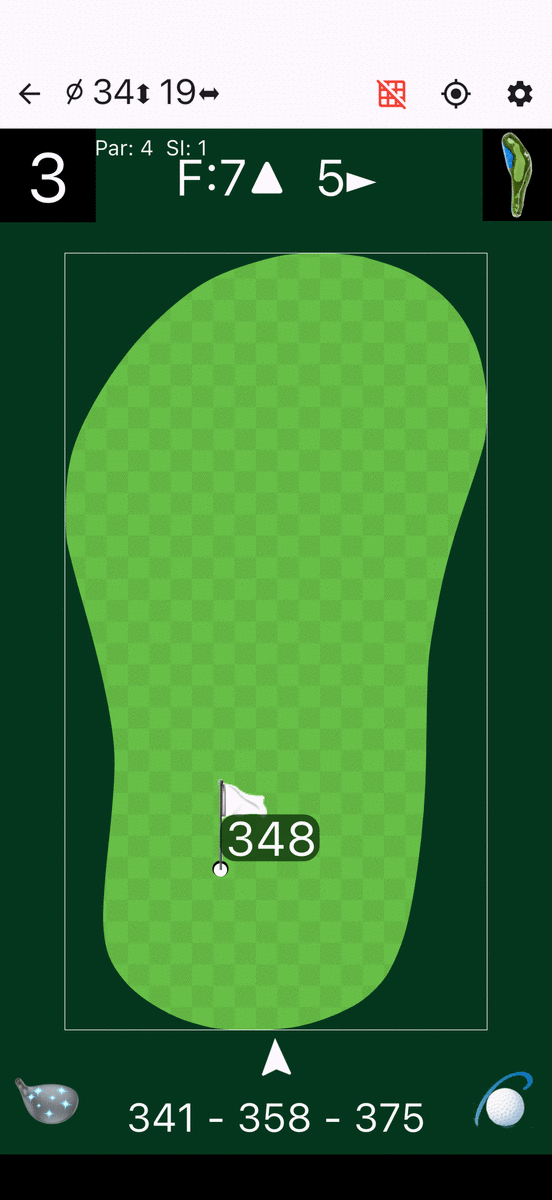 PinSheet showing the pin on the 3rd green: 7 from the front, 5 from the left, flag at 348 metres
