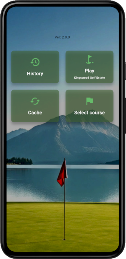 The PinSheet home screen: Play (Kingswood Golf Estate), Select course, History and Cache