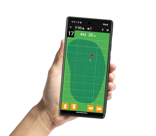 PinPlacer running on a phone held in one hand, the pin being dragged on the 17th green