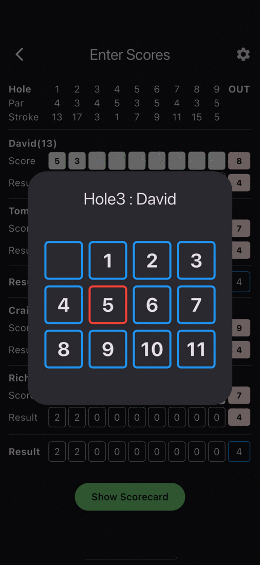 Entering scores for a fourball in PinSheet, with a quick number pad and running results per player